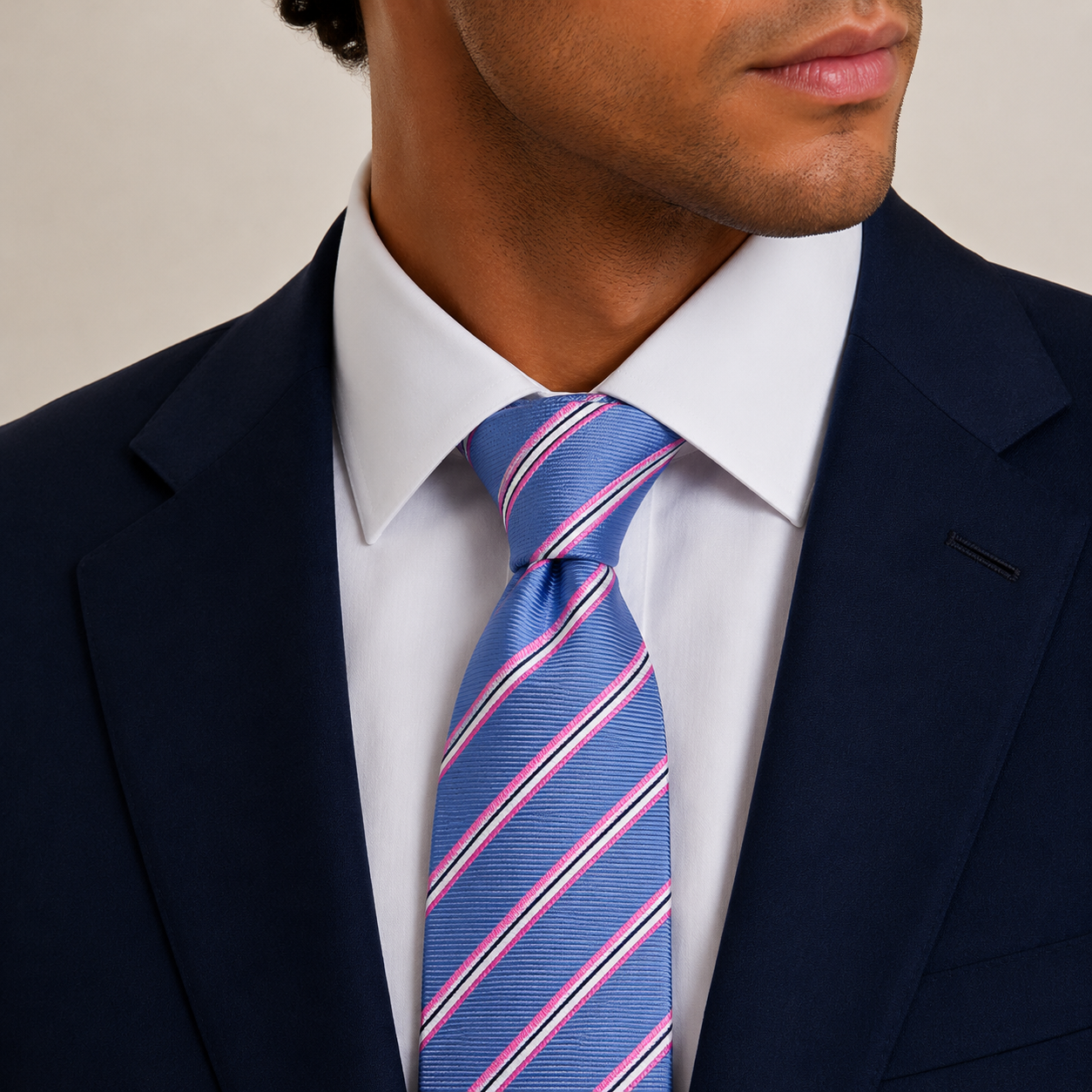 Cornflower Blue Pink White Stripe Silk