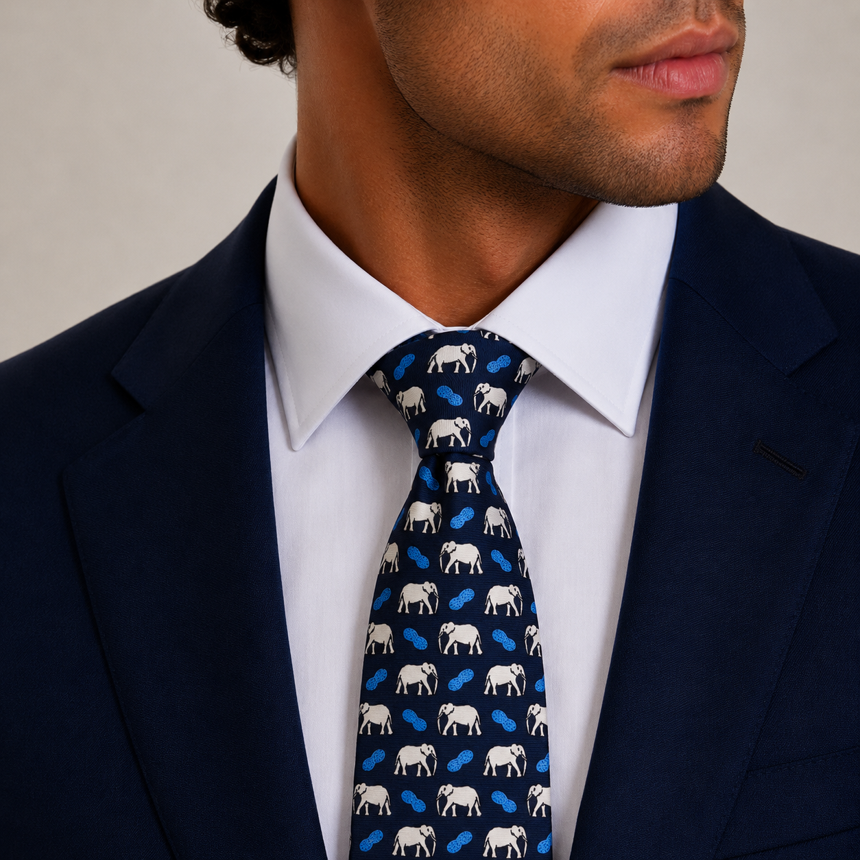 Navy Cream Elephant Motif Silk Necktie