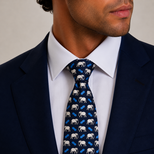 Navy Cream Elephant Motif Silk Necktie