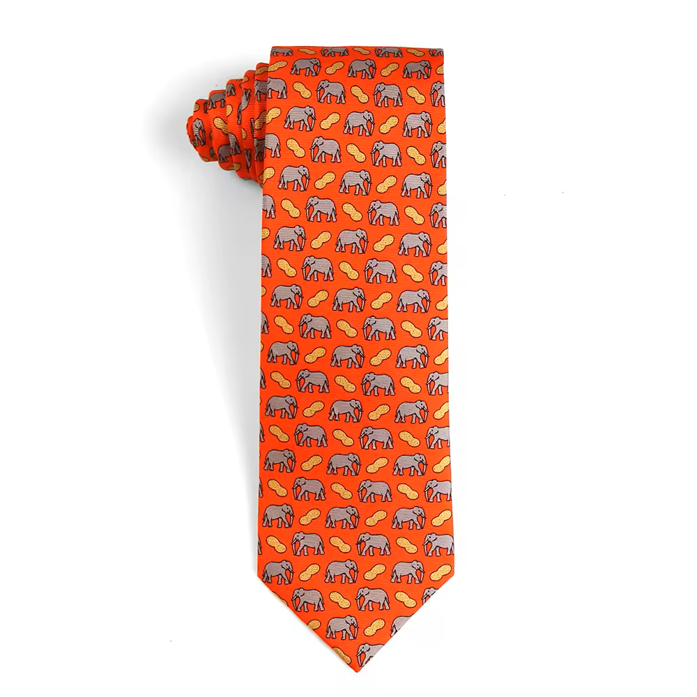 Orange Red Elephant Motif Silk Necktie