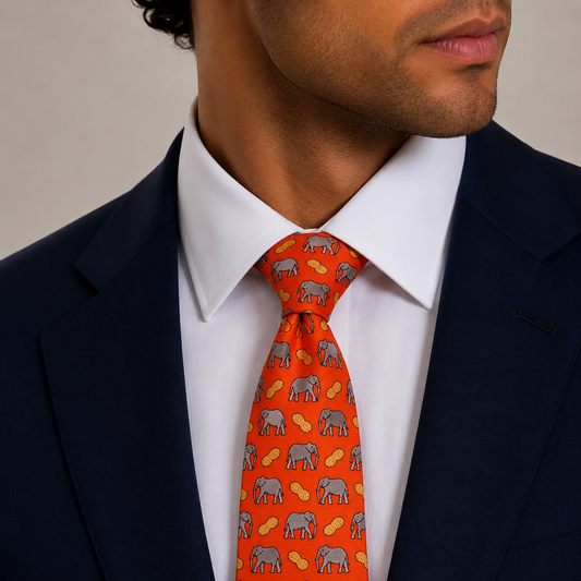 Orange Red Elephant Motif Silk Necktie