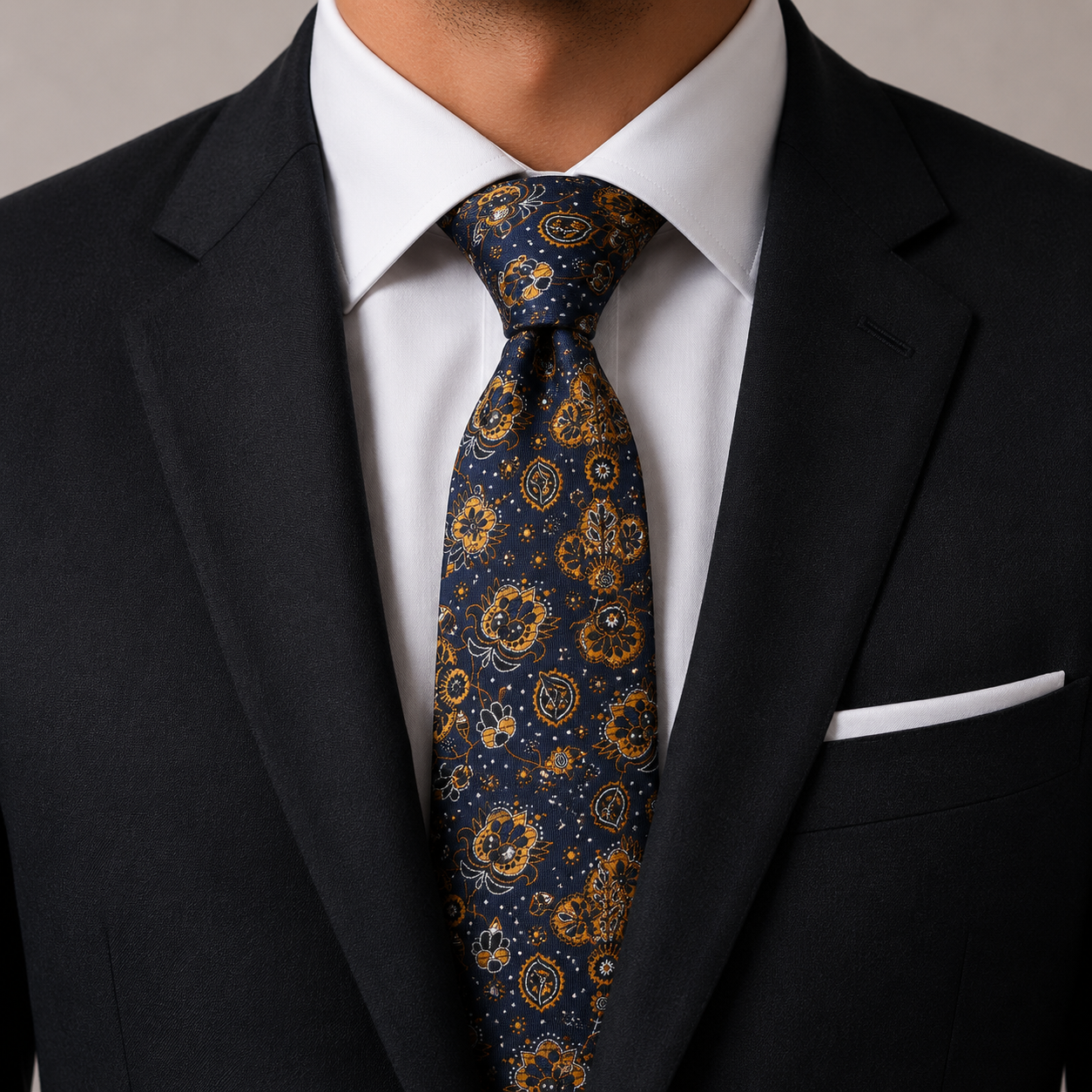 The Mayfair Navy & Amber Gold Paisley Floral Tie