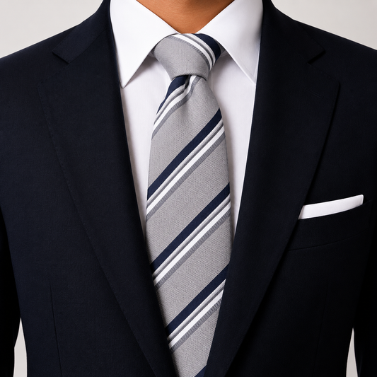 The Savile Row Silver Grey & Navy Double Stripe Tie