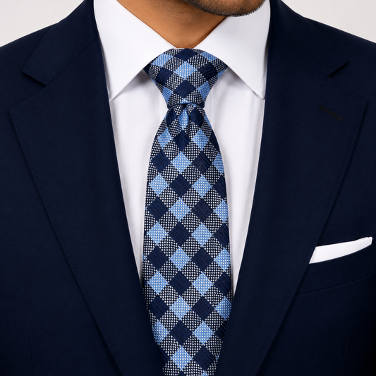The Eton Navy & Sky Blue Diamond Check Tie - Model