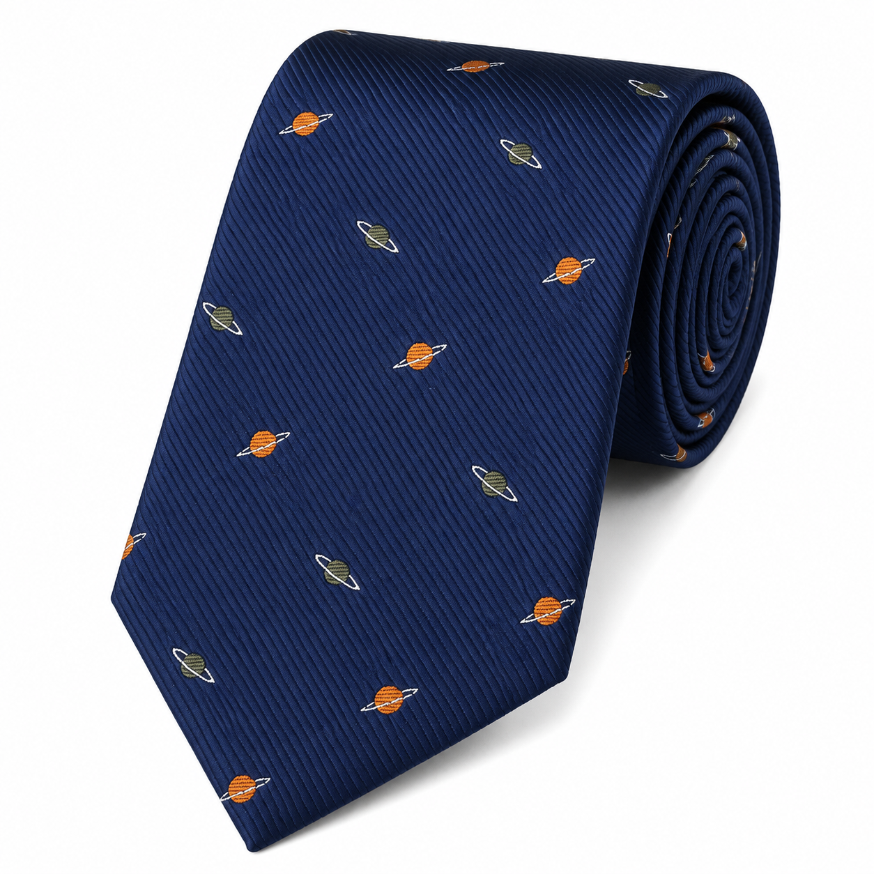The Cosmos Navy Planet Motif Premium Tie - Flat Lay