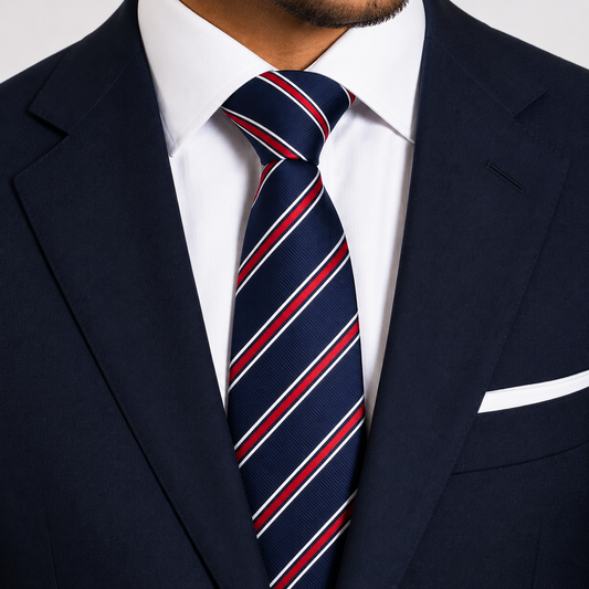 The Trafalgar Navy & Crimson Double Stripe Tie - Model