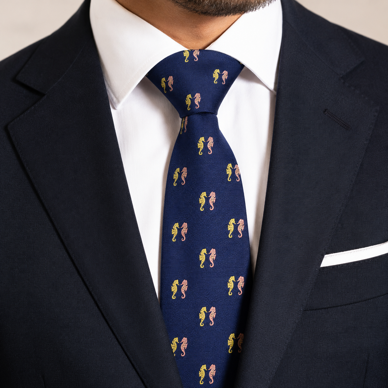 The Mariner Navy Seahorse Motif Premium Tie - Model