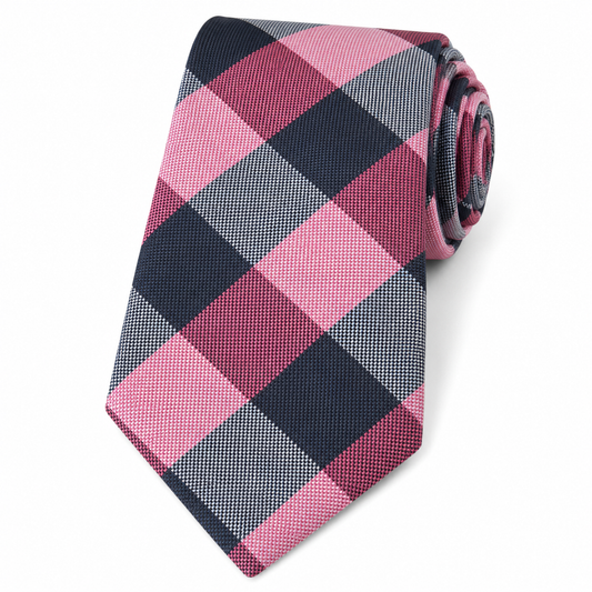 The Riviera Pink & Navy Check Tie by Albetro flat lay detail