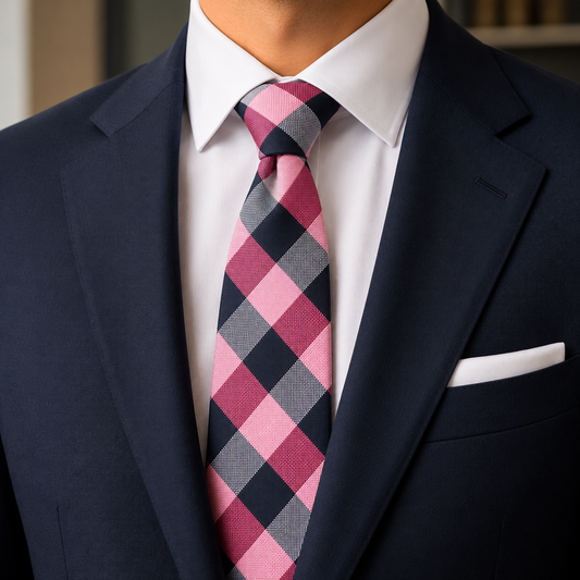 The Riviera Pink & Navy Check Tie by Albetro worn on navy suit