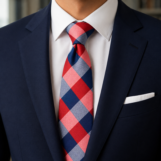 The Regatta Red & Navy Check Tie by Albetro worn on navy suit