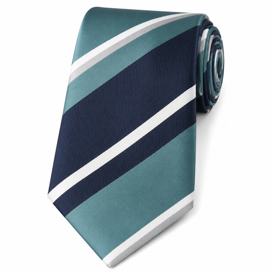 The Albemarle Teal & Navy Stripe Tie by Albetro flat lay detail