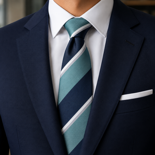 The Albemarle Teal & Navy Stripe Tie by Albetro worn on navy suit