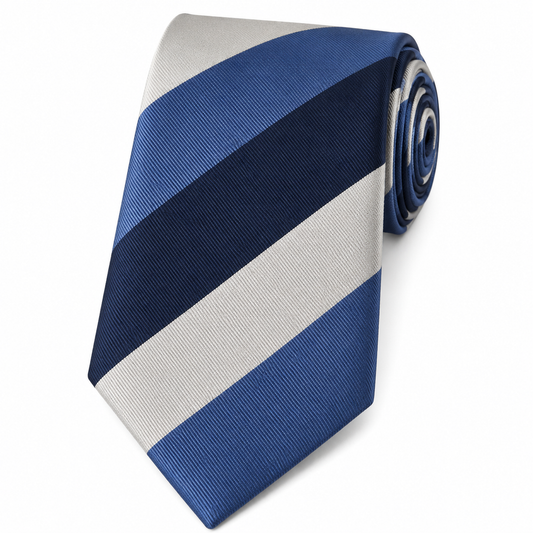 The Westminster Navy & Silver Stripe Tie by Albetro flat lay detail