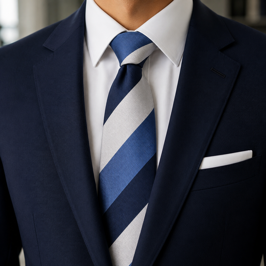 The Westminster Navy & Silver Stripe Tie by Albetro worn on navy suit