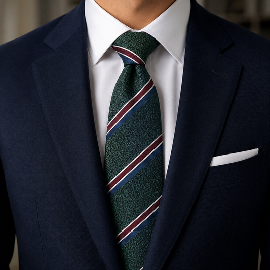 The Forestiere Forest Green Regimental Stripe Tie by Albetro on navy suit