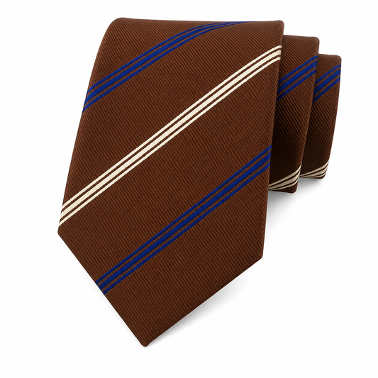 The Cognac Brown Regimental Stripe Tie by Albetro flat lay detail