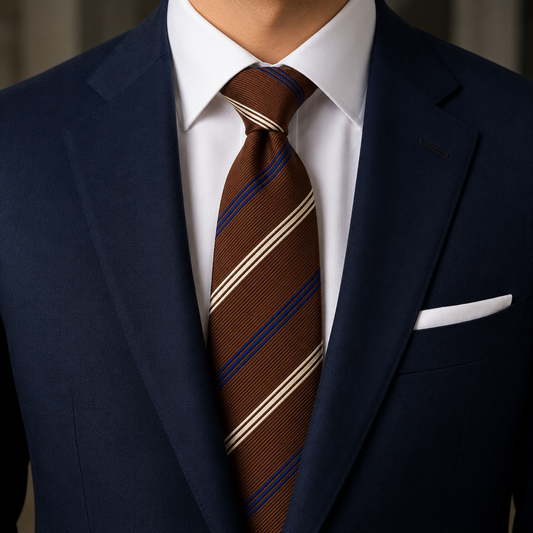 The Cognac Brown Regimental Stripe Tie by Albetro on navy suit
