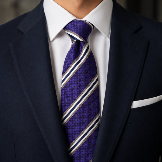 The Majestic Violet Houndstooth Regimental Stripe Tie by Albetro on navy suit