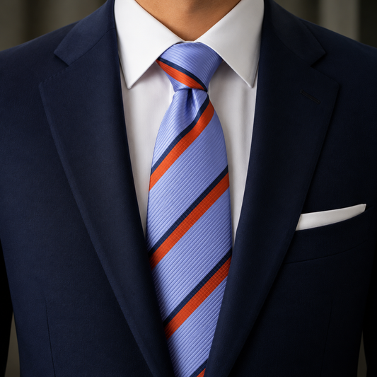 The Azure Periwinkle & Crimson Regimental Stripe Tie by Albetro on suit