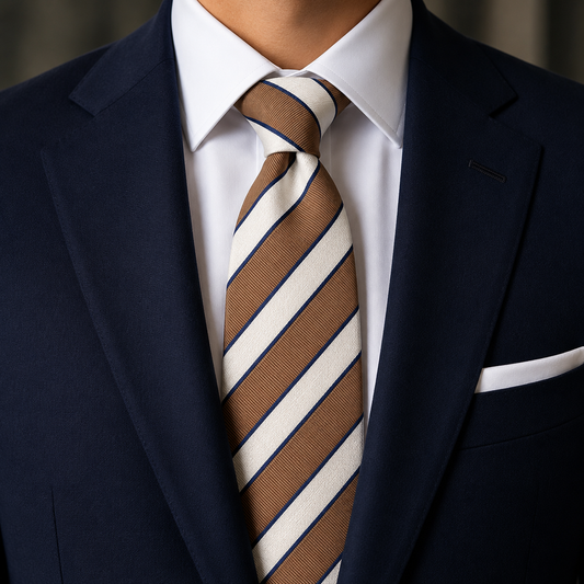 The Ivory & Cognac Regimental Stripe Tie by Albetro on navy suit