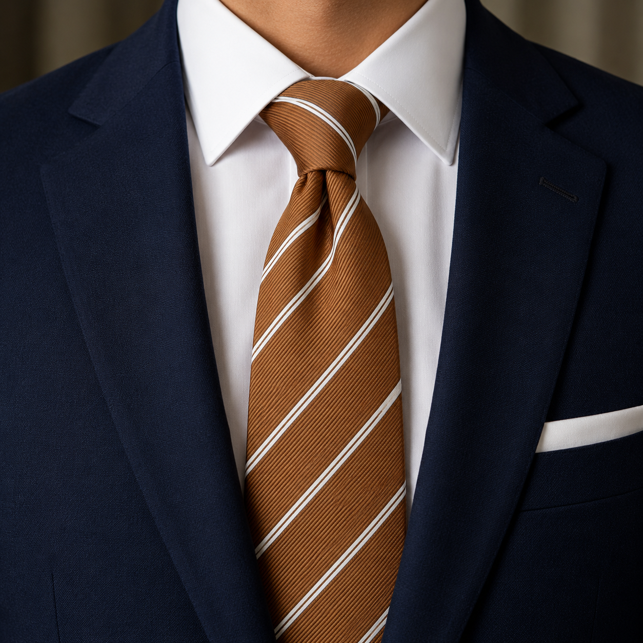 The Amber Regimental Double Stripe Tie by Albetro on navy suit