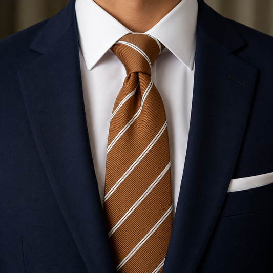 The Amber Regimental Double Stripe Tie by Albetro on navy suit