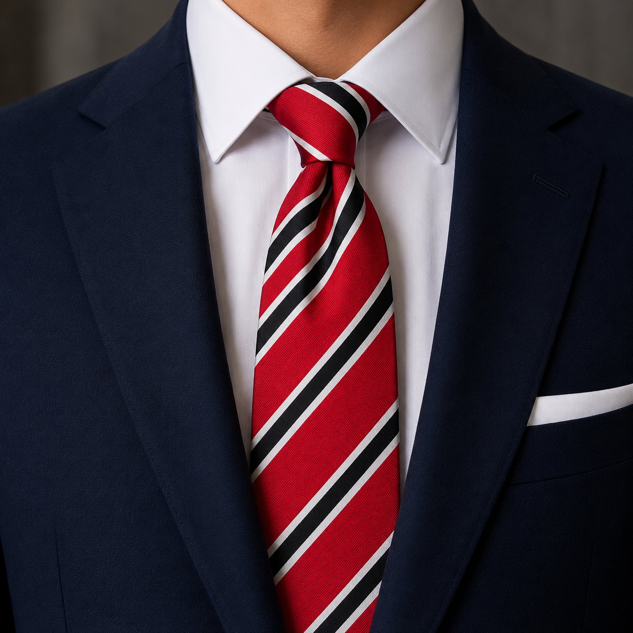 The Scarlet & Onyx Regimental Stripe Tie by Albetro on navy suit
