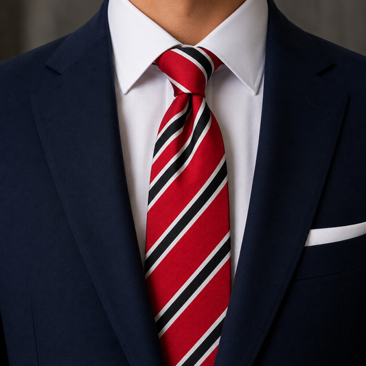 The Scarlet & Onyx Regimental Stripe Tie by Albetro on navy suit