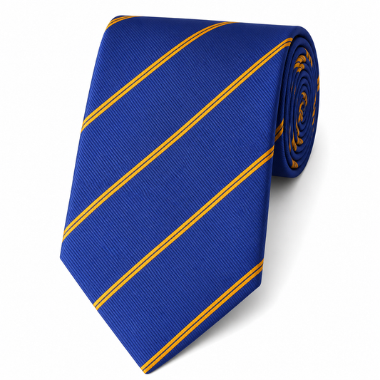 The Royal Blue & Gold Regimental Stripe Tie by Albetro flat lay detail