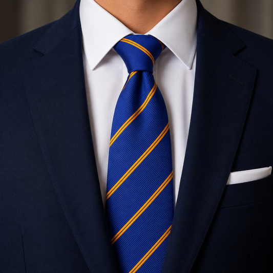 The Royal Blue & Gold Regimental Stripe Tie by Albetro on navy suit