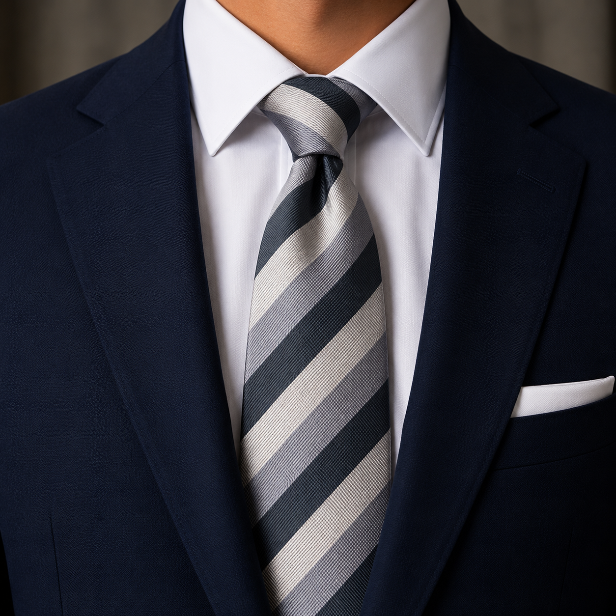 The Sterling Silver & Charcoal Stripe Tie by Albetro on navy suit