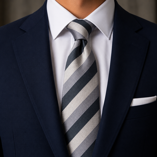 The Sterling Silver & Charcoal Stripe Tie by Albetro on navy suit