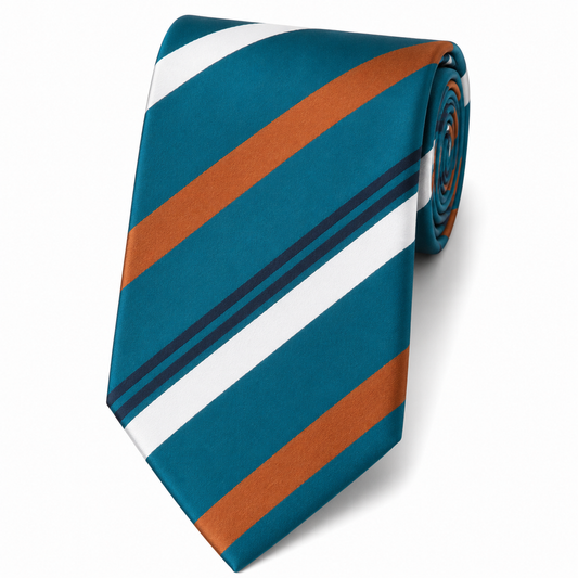 The Teal & Burnt Orange Regimental Stripe Tie by Albetro flat lay detail