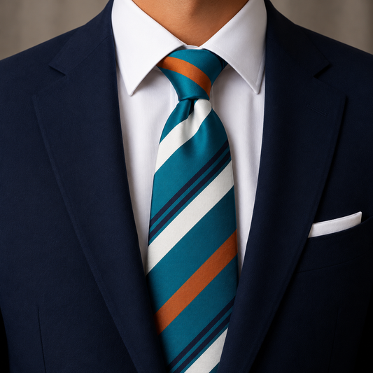The Teal & Burnt Orange Regimental Stripe Tie by Albetro on navy suit