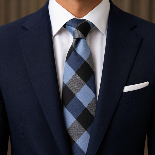 The Oxford Blue & Onyx Check Tie by Albetro on navy suit