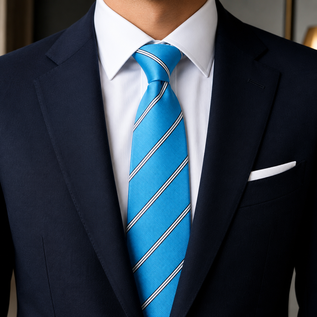 The Cerulean Sky Regimental Stripe Tie by Albetro on navy suit