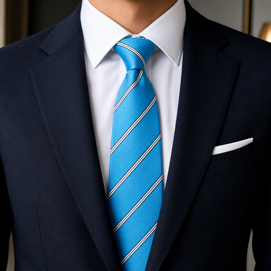 The Cerulean Sky Regimental Stripe Tie by Albetro on navy suit