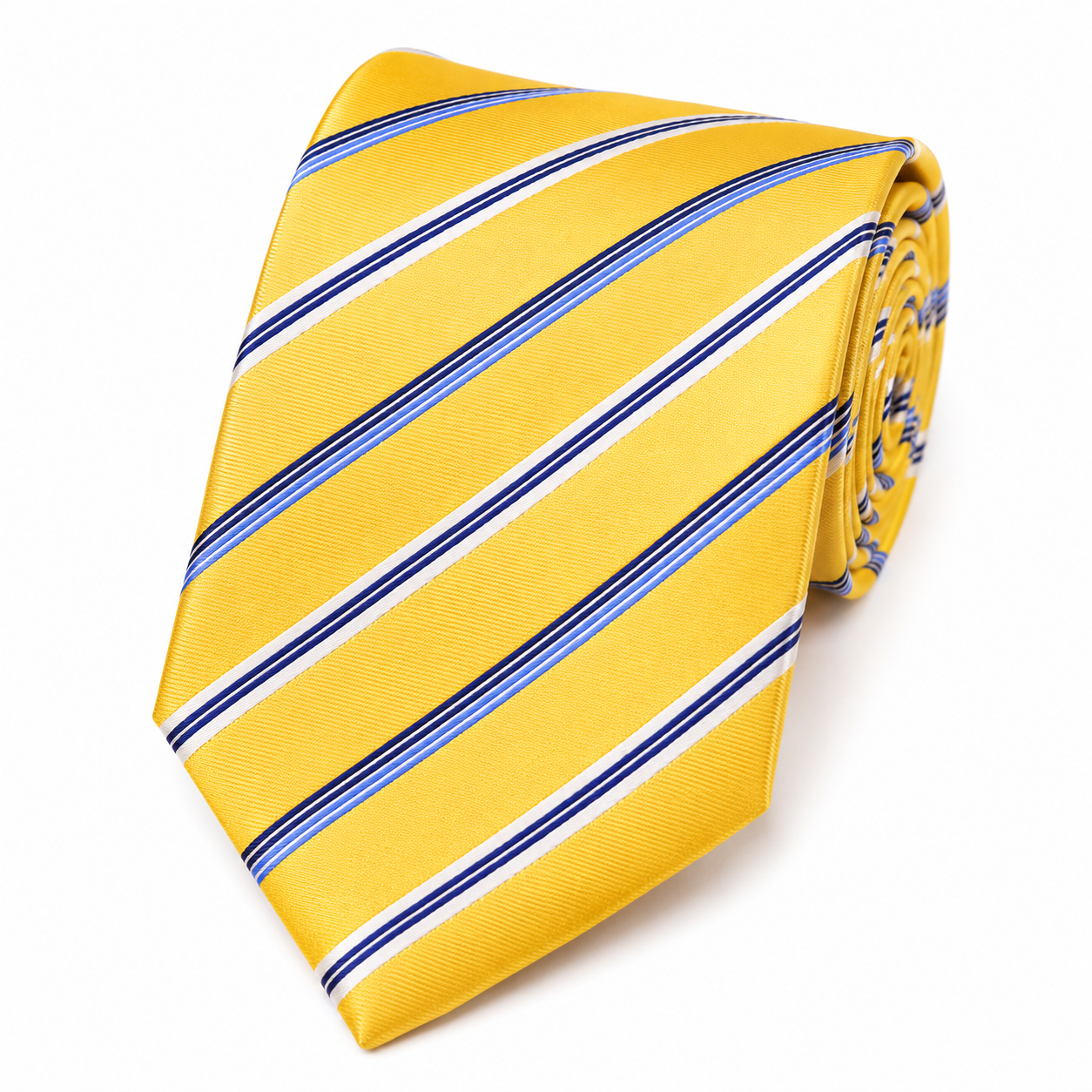 The Marigold Gold Silk Regimental Stripe Tie by Albetro rolled product shot