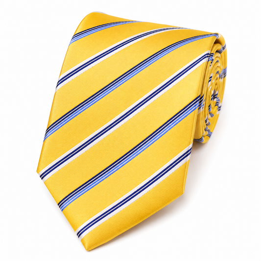 The Marigold Gold Silk Regimental Stripe Tie by Albetro rolled product shot