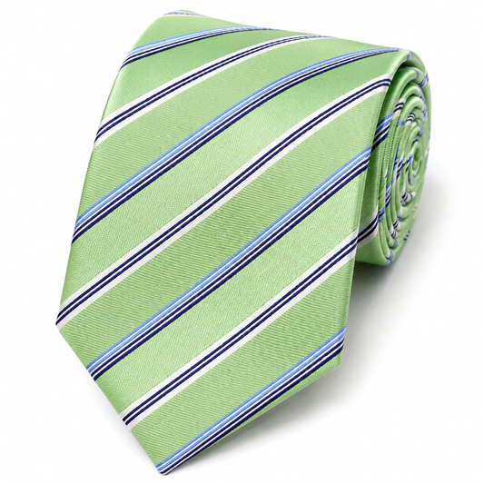 The Garden Mint Silk Regimental Stripe Tie by Albetro rolled product shot