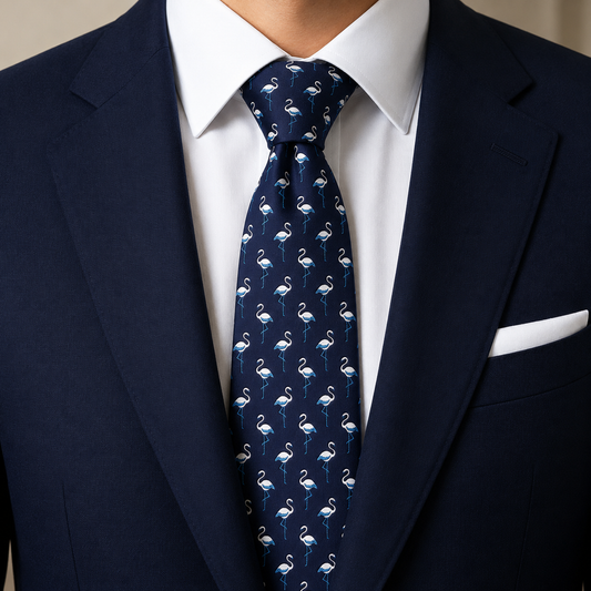 The Riviera Flamingo Silk Motif Tie by Albetro worn on navy suit