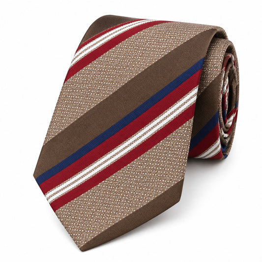 The Havana Taupe & Crimson Regimental Stripe Tie - Flat Lay