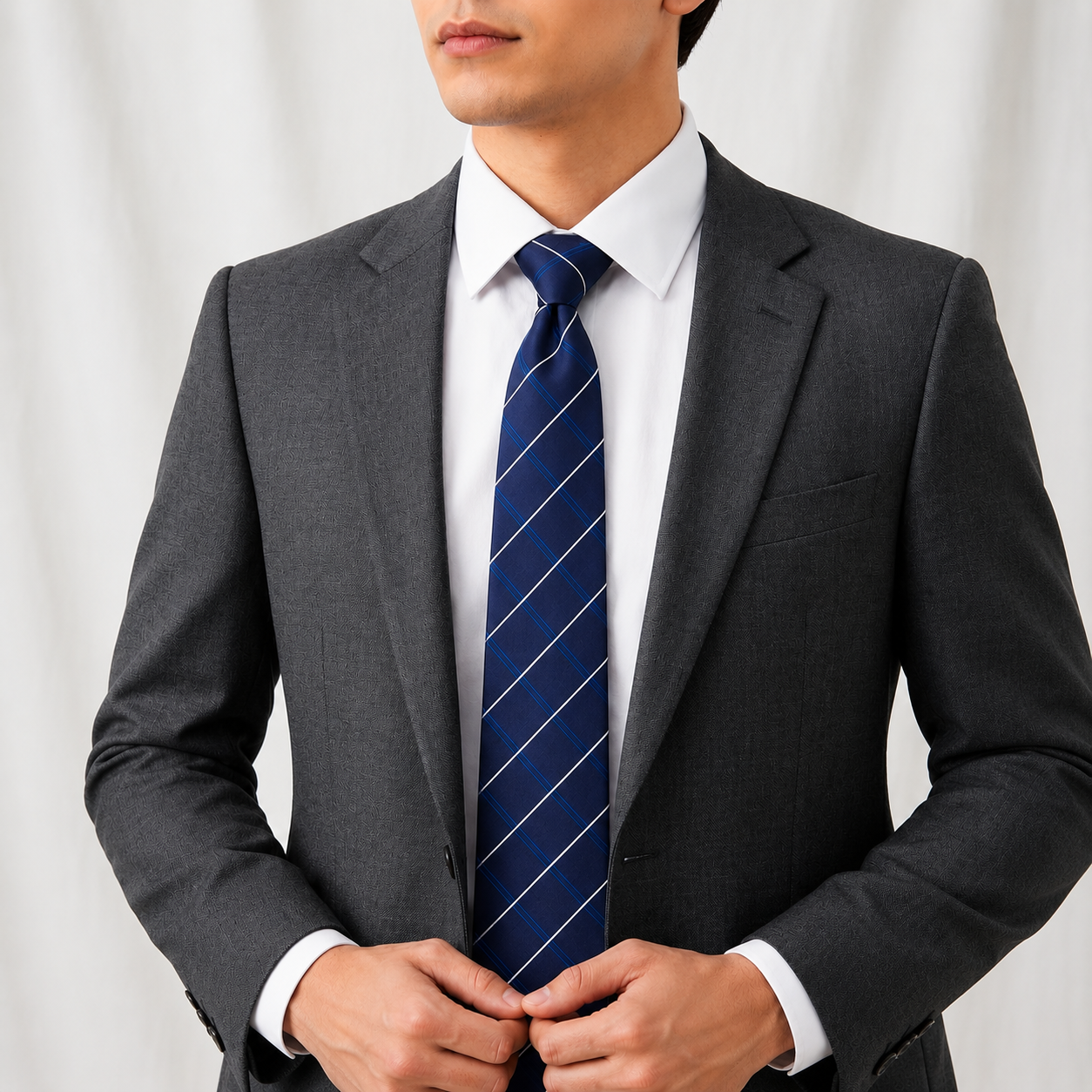 The Windsor Navy Windowpane Check Slim Tie - Model