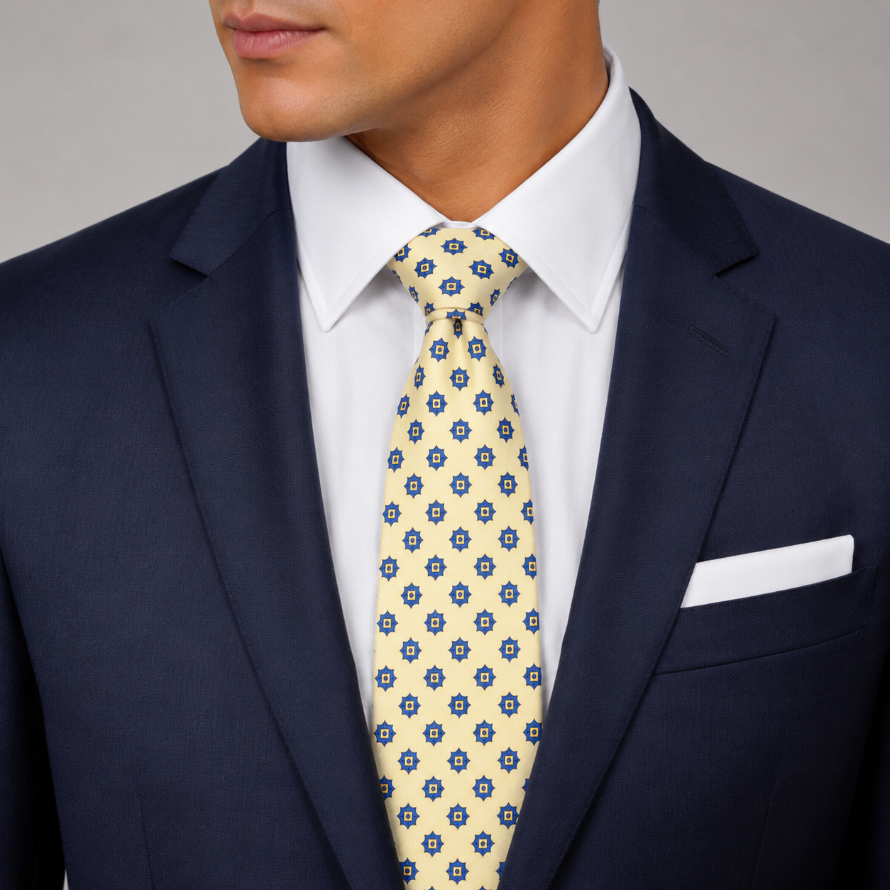 The Lemon Cream & Navy Floret Tie - Model