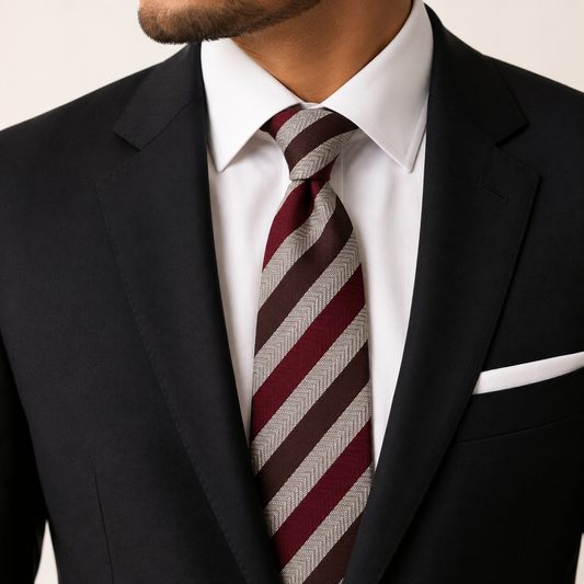 The Tuscan Olive & Burgundy Block Stripe Tie - Model