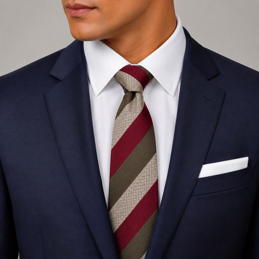 The Bordeaux & Taupe Herringbone Stripe Tie - Model