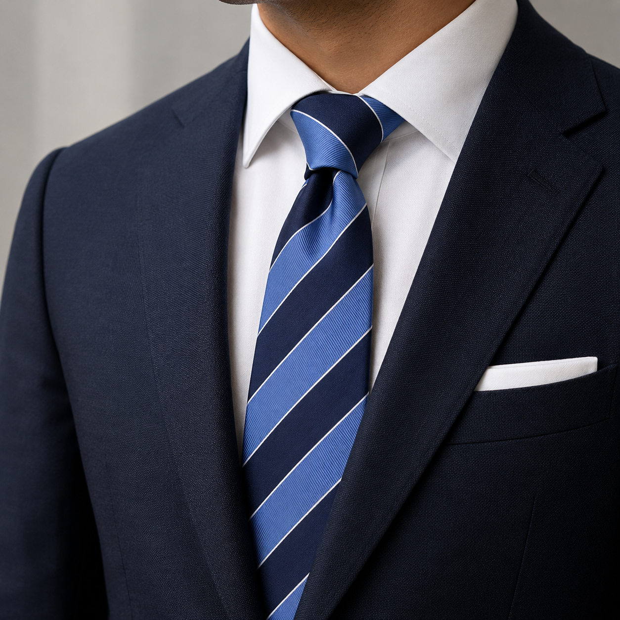 The Cornflower Sky & Navy Stripe Tie - Model