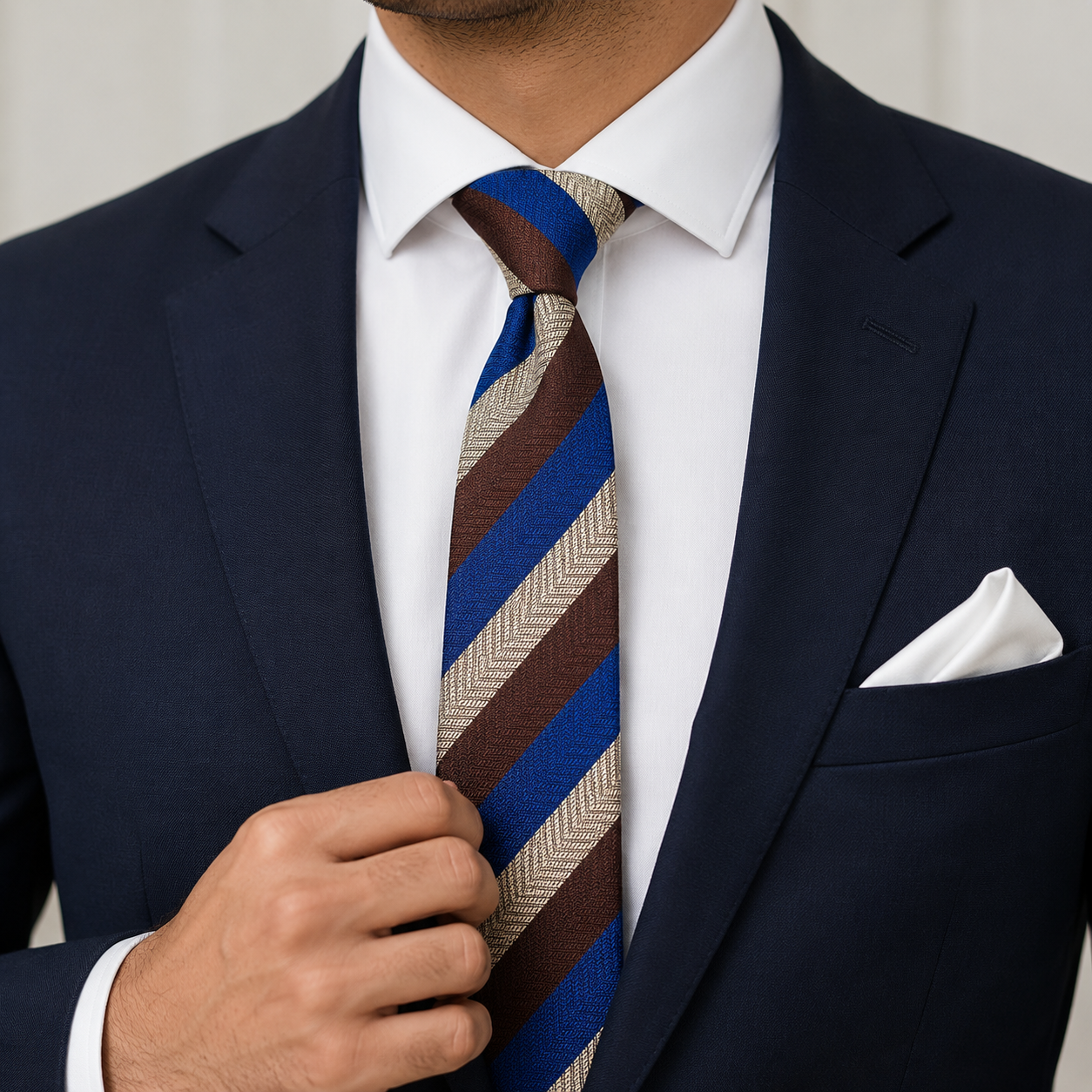 The Safari Cobalt & Fawn Herringbone Stripe Tie - Model