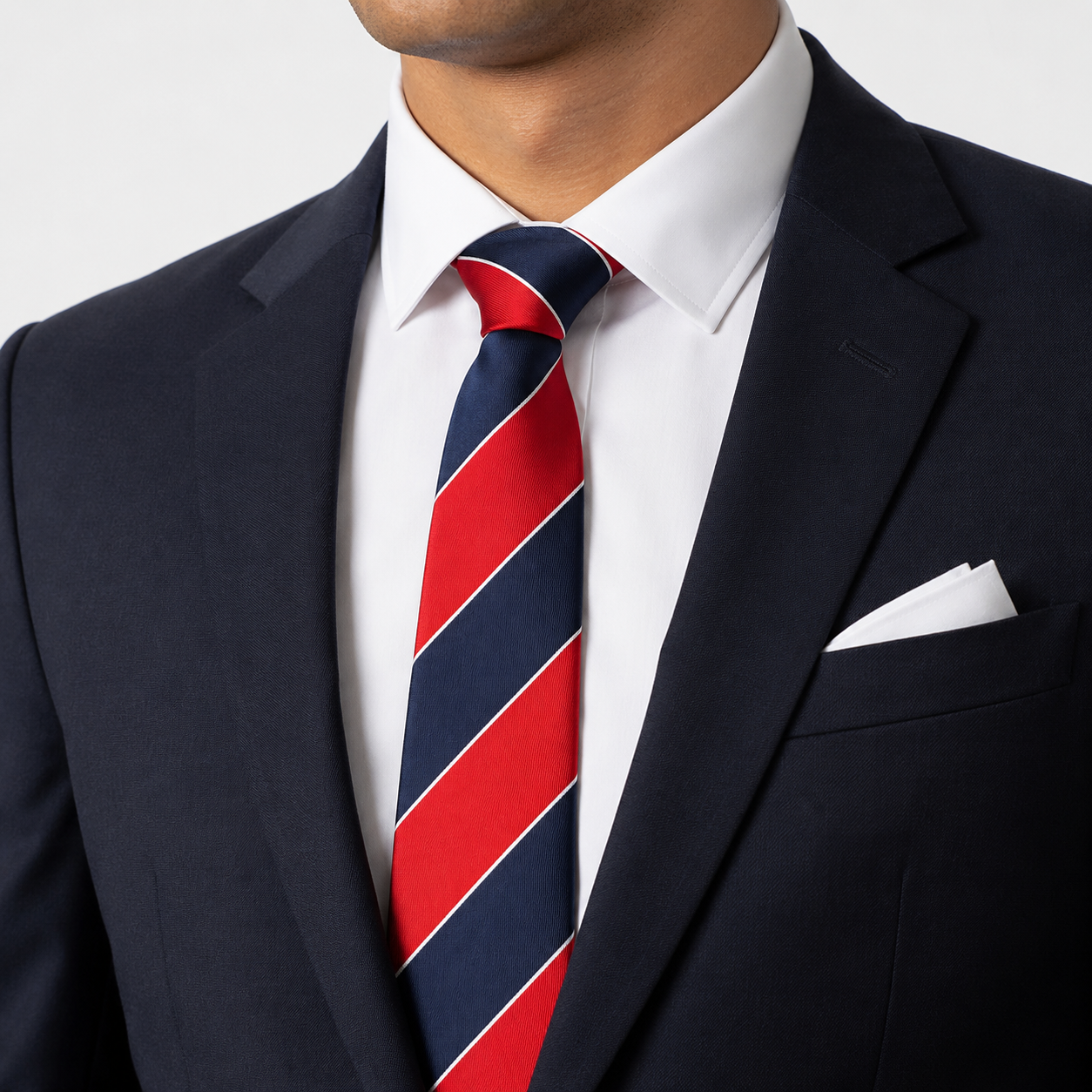 The Chelsea Red & Navy Bold Stripe Slim Tie - Model