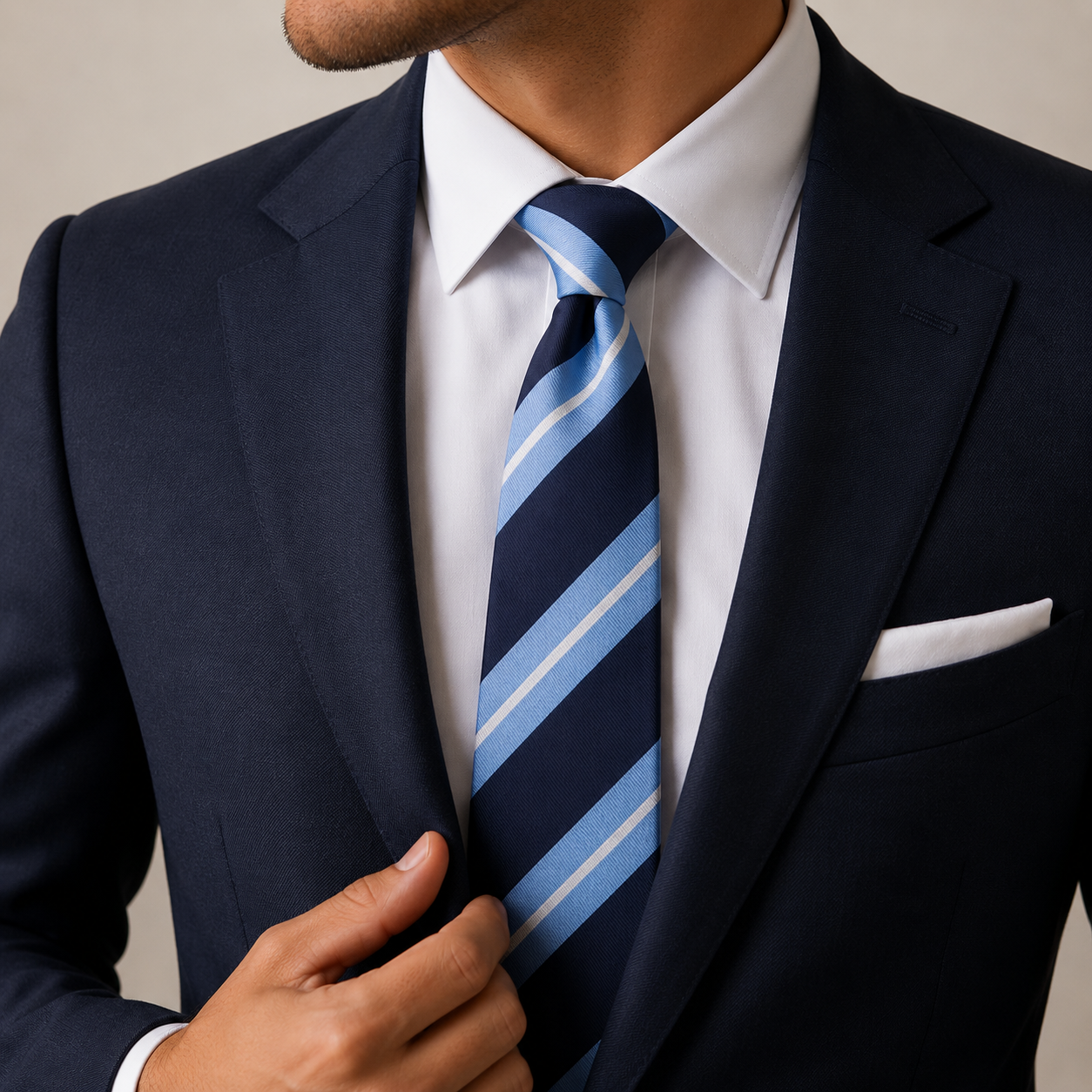 The Regent Sky & Navy Stripe Tie - Model